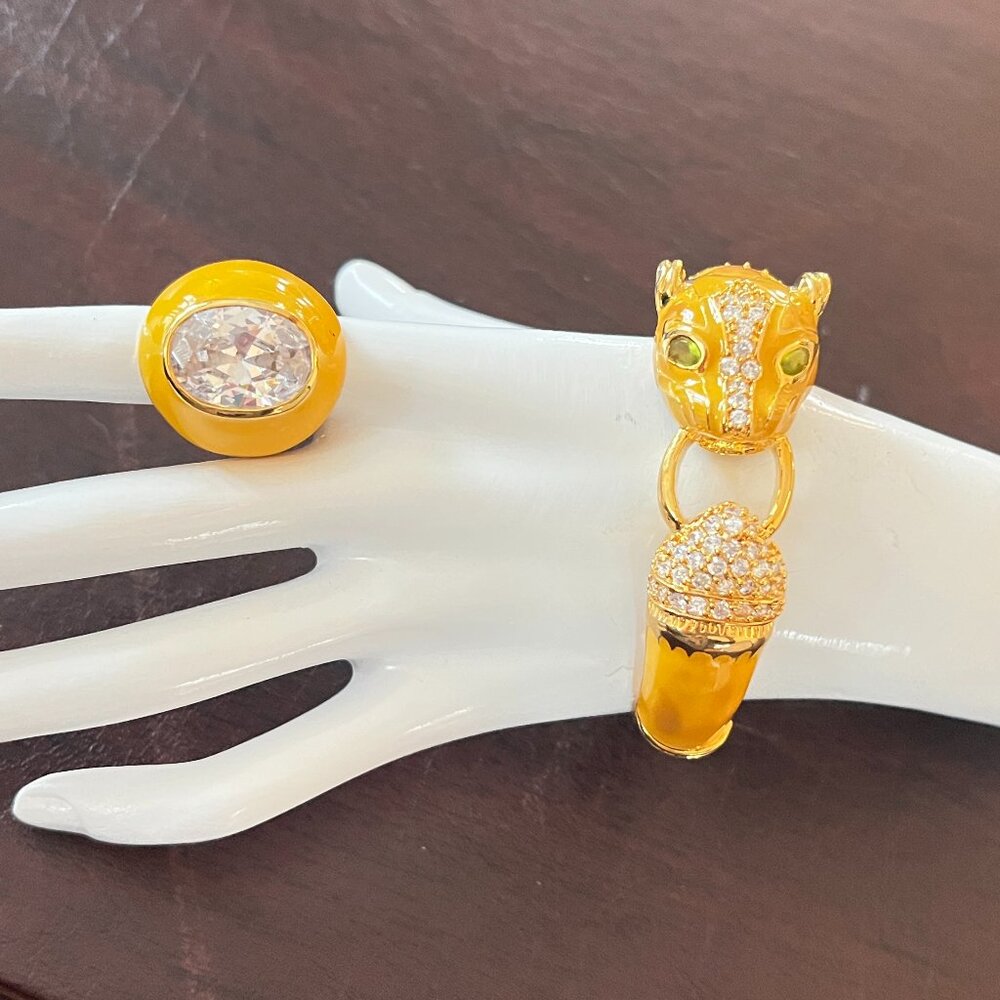 NOIR Yellow Enamel and Gold Tone PANTHER Head Clamper Bracelet & Matching Ring